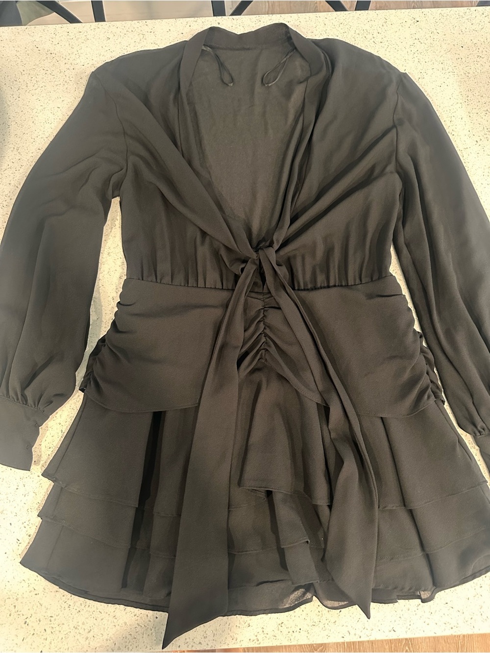 Zara Black Long-Sleeve Tie-Front Layered Mini Dress